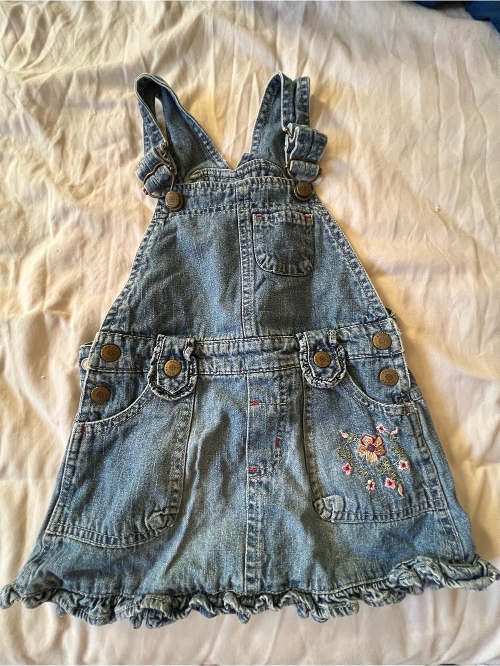 Faded Glory Light Blue Denim Floral Embroidered Overall Dress
